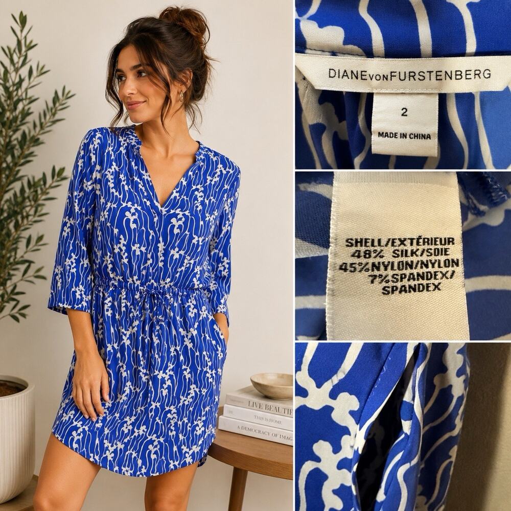 Diane von Furstenberg Silk Blend Drawstring Tunic Dress Blue White Print Size 2